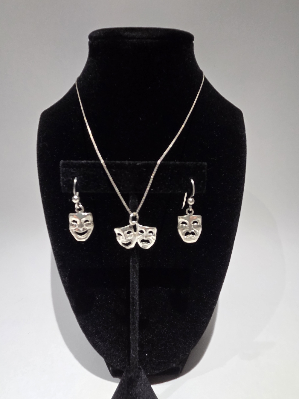 Sterling Silver Theater Mask Pendant Necklace and Earring Set